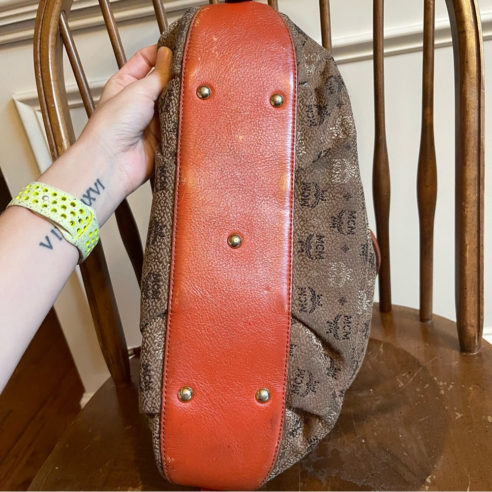 MCM Visetos Jacquard Bucket Bag Drawstring Crossbody Shoulder Brown Orange - Picture 13 of 16